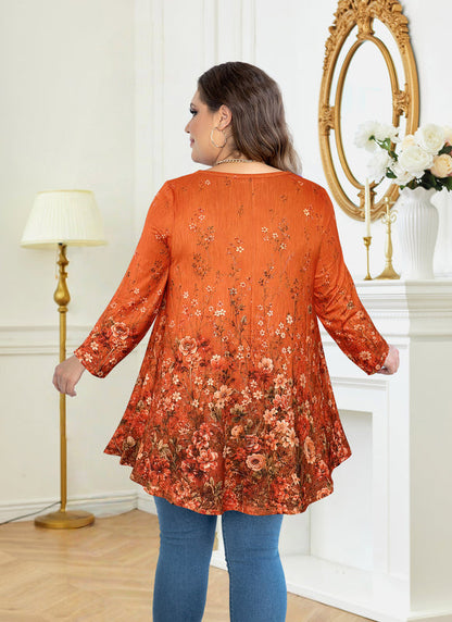 Women's Orange & Black Plus Size Tunic Top – 3/4 Sleeve Flowy Blouse A52