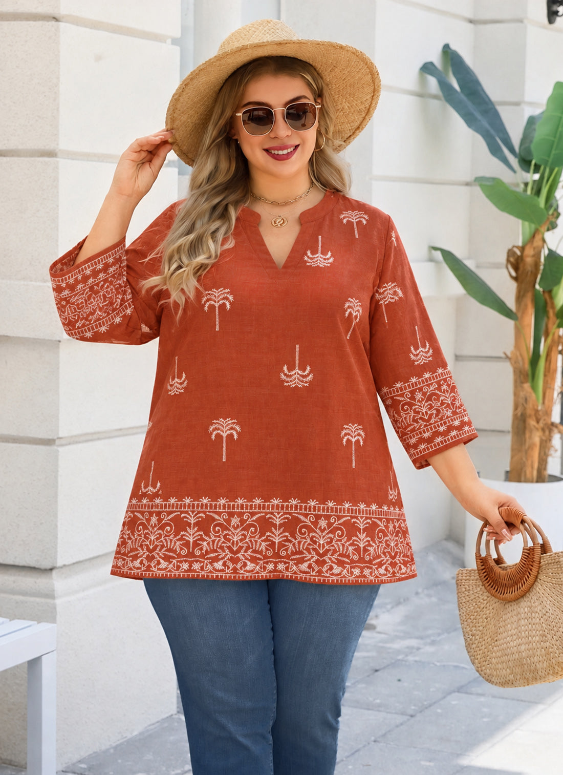 Plus Size Rust Orange Palm Print Split-Neck Tunic