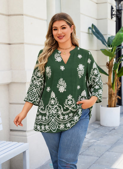 Plus Size Forest Green & White Border Print Tunic Top. L12