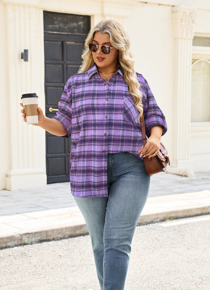 Plus Size Purple Plaid Button-Up Shirt