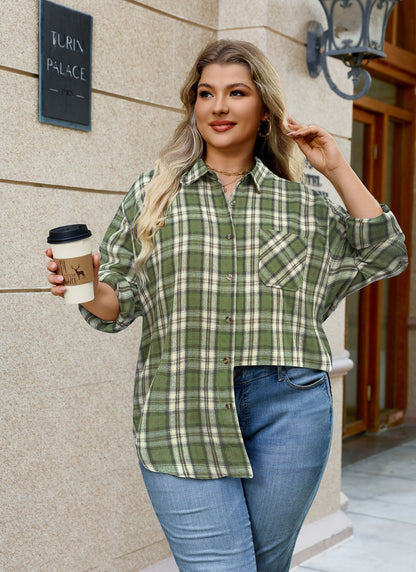 Plus Size Olive Green Plaid Button-Up Shirt G11
