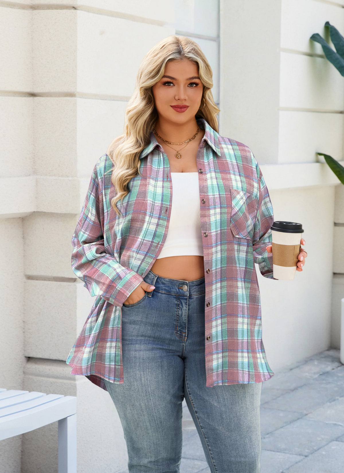 Plus Size Pink & Mint Plaid Button-Up Shirt