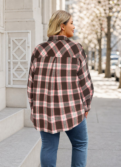 Plus Size Brown & Pink Plaid Button-Up Shirt G22