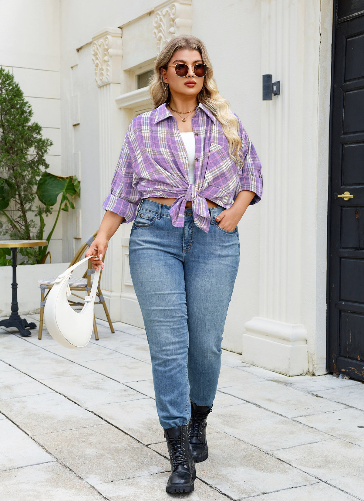 Plus Size Lavender Plaid Button-Up Shirt F18