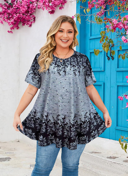 Women's Plus Size Grey Solid Tunic Top – Short Sleeve Swing Blouse e18