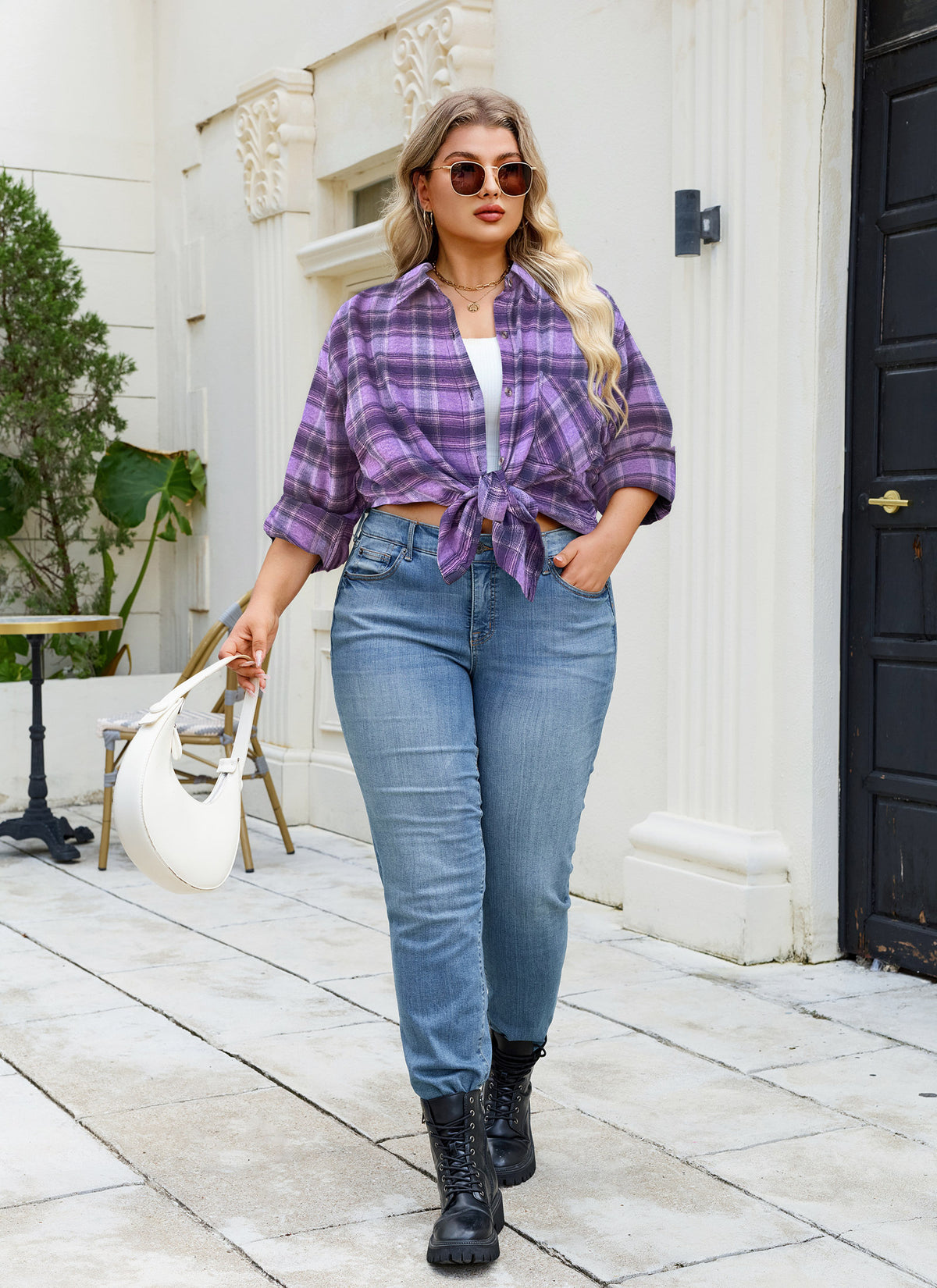 Plus Size Purple Plaid Button-Up Shirt