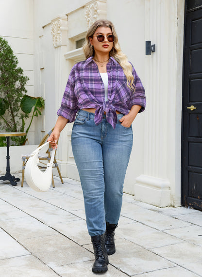 Plus Size Purple Plaid Button-Up Shirt