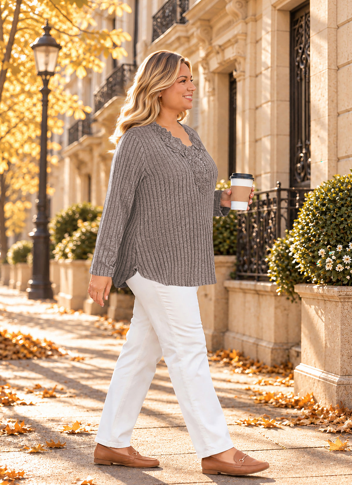 Plus Size Taupe Lace V-Neck Ribbed Tunic Top