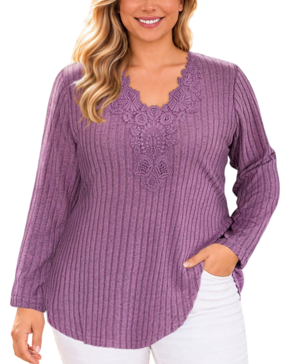 Splensive plus size Mauve Lace-Trim Ribbed Tunic Top