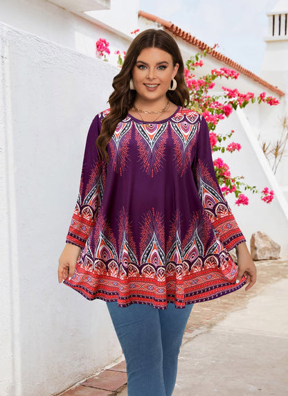 Women's Plus Size Orange & Purple Floral Tunic Top – 3/4 Sleeve Swing Flare Blouse d15