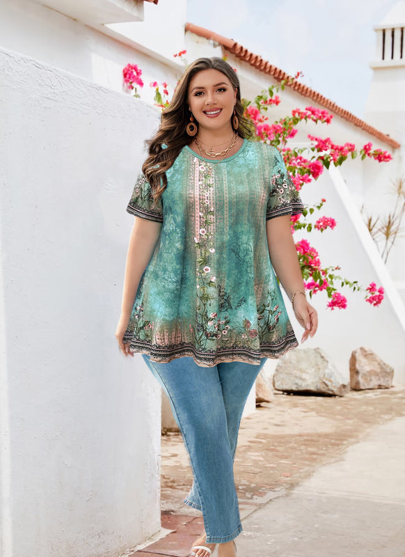 Women's Plus Size Floral Tunic Top – Short Sleeve, Flowy Swing Blouse to Wear with Leggings b28