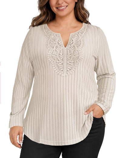 Plus Size Ivory Lace-Trim Tunic Top Q1