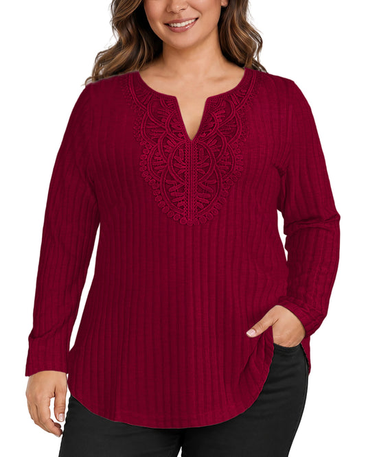 Plus Size Burgundy Lace-Trim Tunic Top Q2