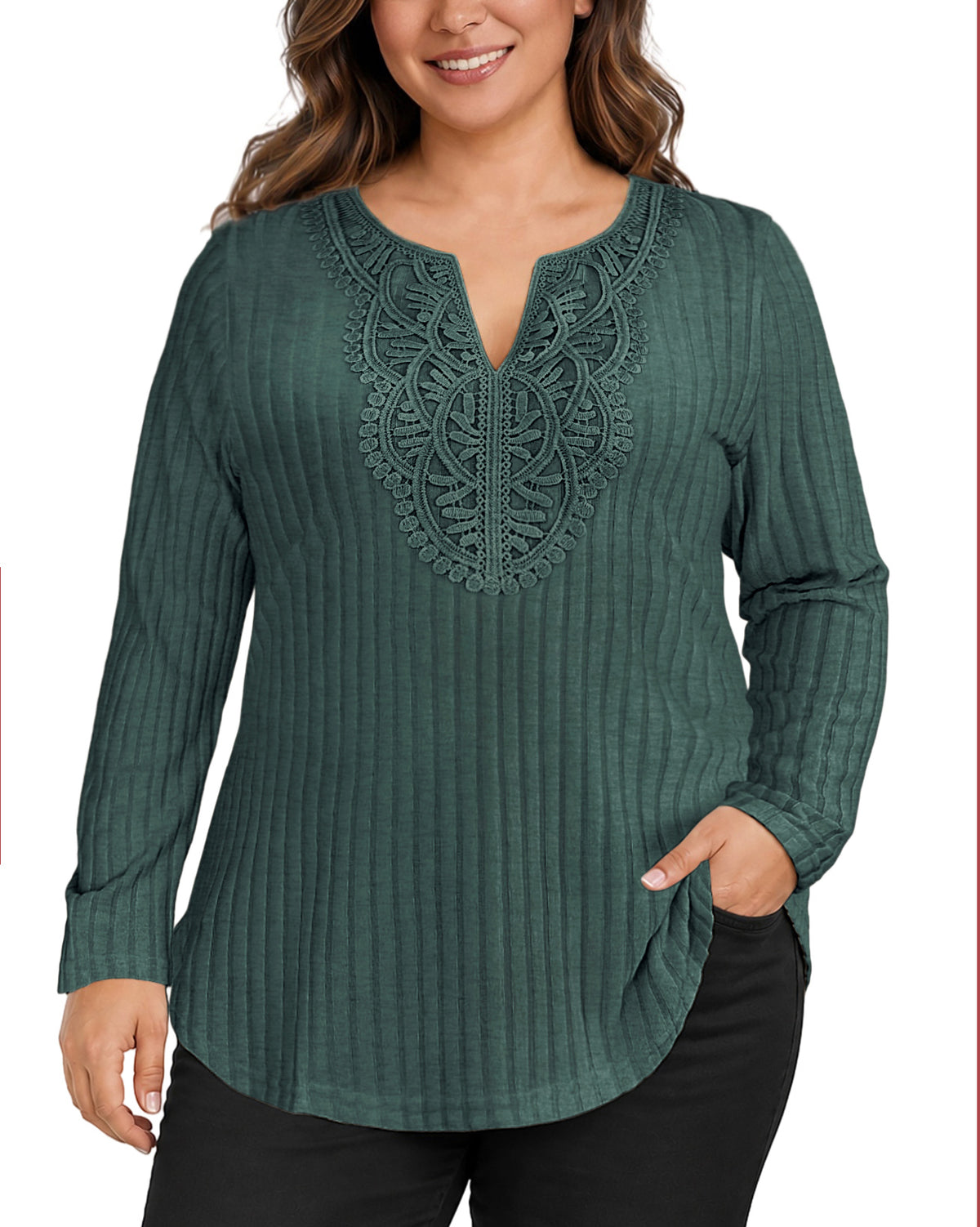 Plus Size Dark Teal Lace-Trim Tunic Top Q3