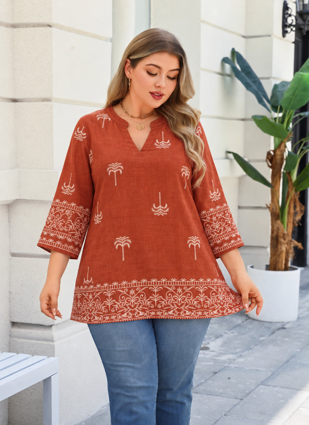 Plus Size Rust Orange Palm Print Split-Neck Tunic