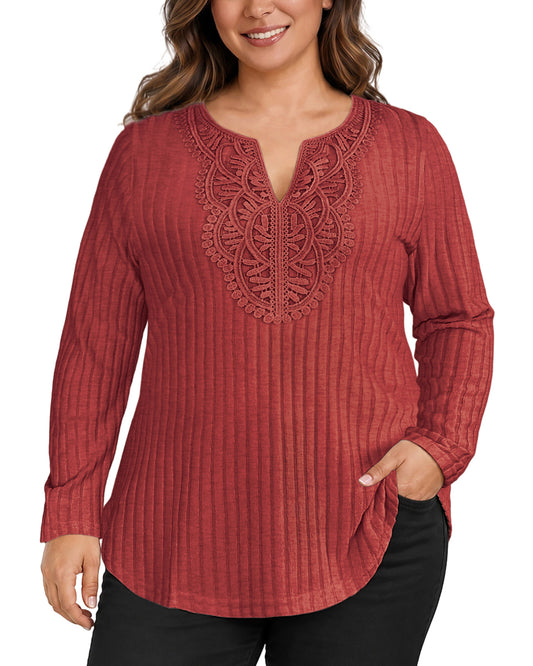 Plus Size Brick Red Lace-Trim Tunic Top Q4
