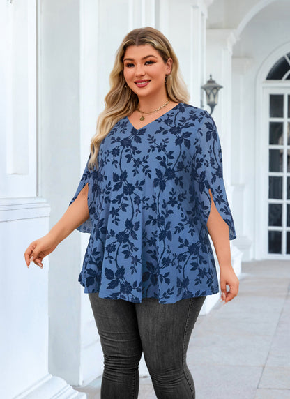 Plus Size Dusty Blue Floral V-Neck Top S6