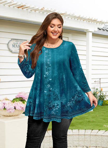 Women's Plus Size Teal Floral Tunic Top – 3/4 Sleeve Swing Flare Blouse d21