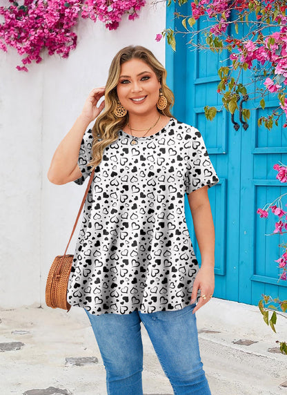 Women's White & Black Swing Tunic Top – Short Sleeve, Plus Size B44