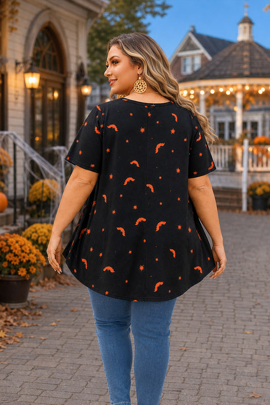 Women's Halloween Black & Orange Tunic Top – Graphic Print, Plus Size E28