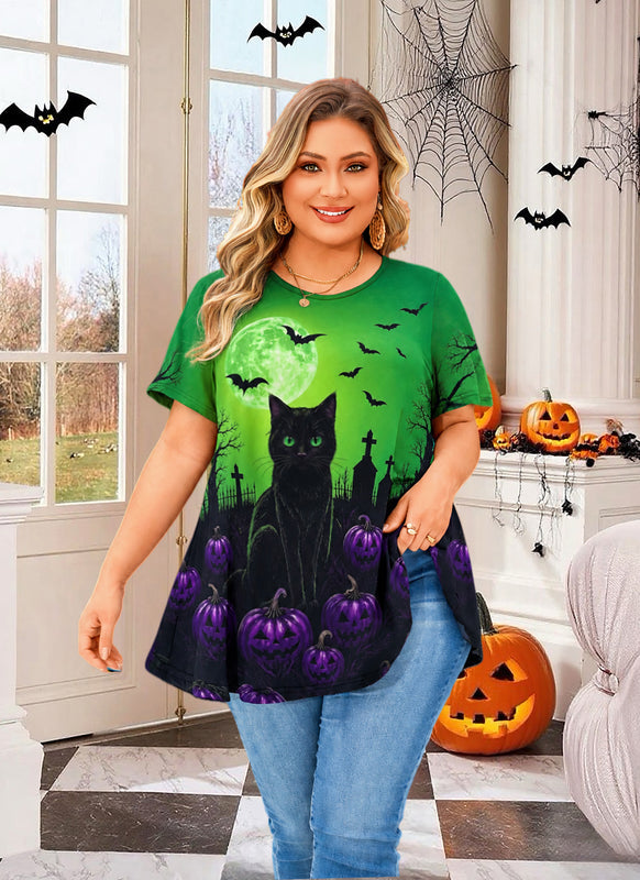 Women's Halloween Green Tunic Top – Witchy Print, Plus Size E29