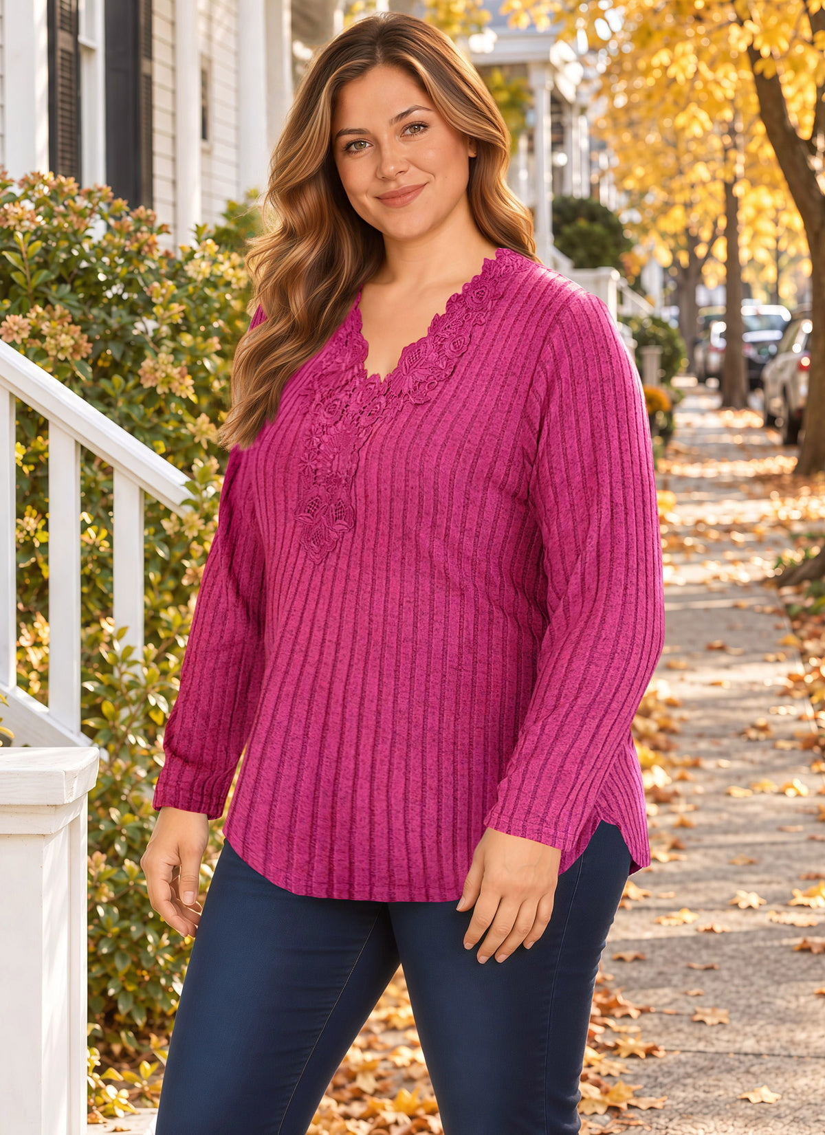 Plus Size Fuchsia Lace V-Neck Ribbed Tunic Top