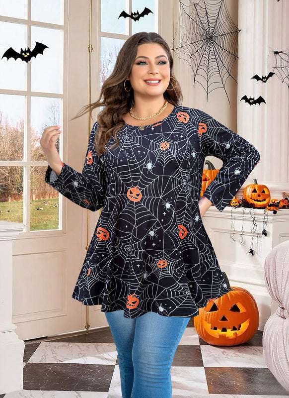 Women's Plus Size Halloween Tunic Top – 3/4 Sleeve Swing Flare Blouse d22