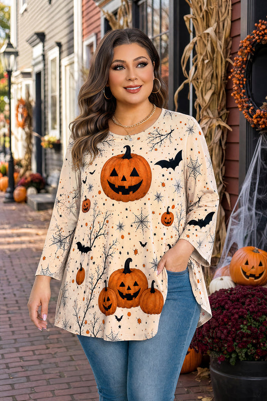 Women's Halloween Pumpkin Tunic Top – 3/4 Sleeve, Plus Size D34