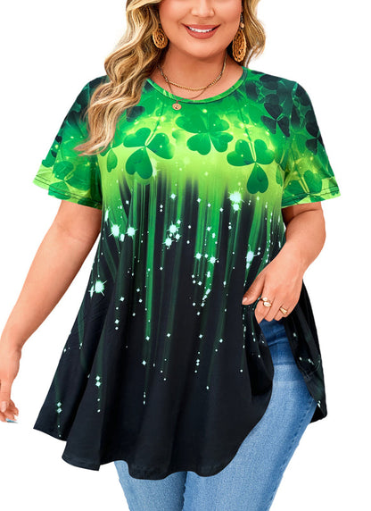 Women's Plus Size Green Leaf Print Tunic Top – Short Sleeve Swing Blouse e17