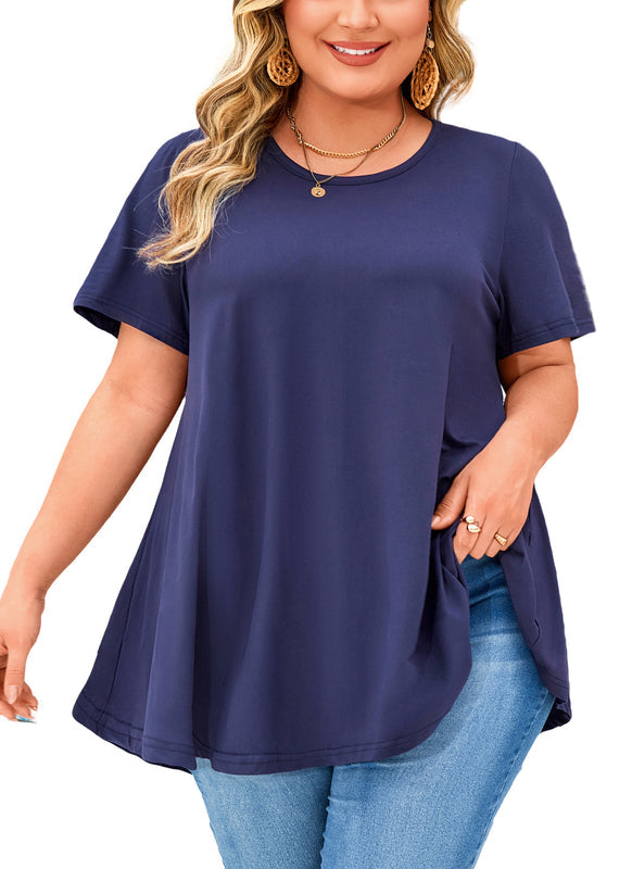 Women's Plus Size Navy Blue Tunic Top – Short Sleeve Solid Swing Blouse e13