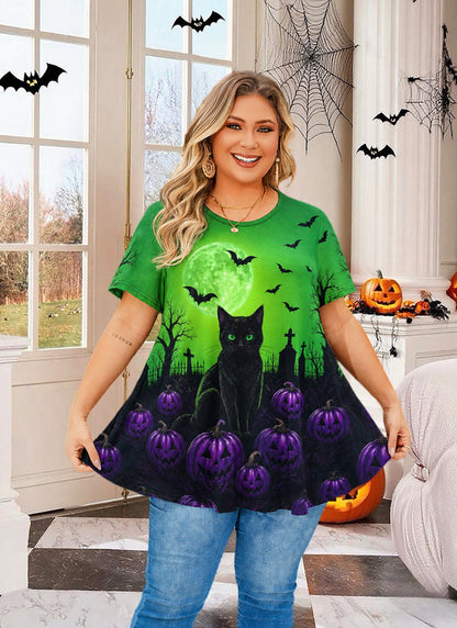 Women's Halloween Green Tunic Top – Witchy Print, Plus Size E29