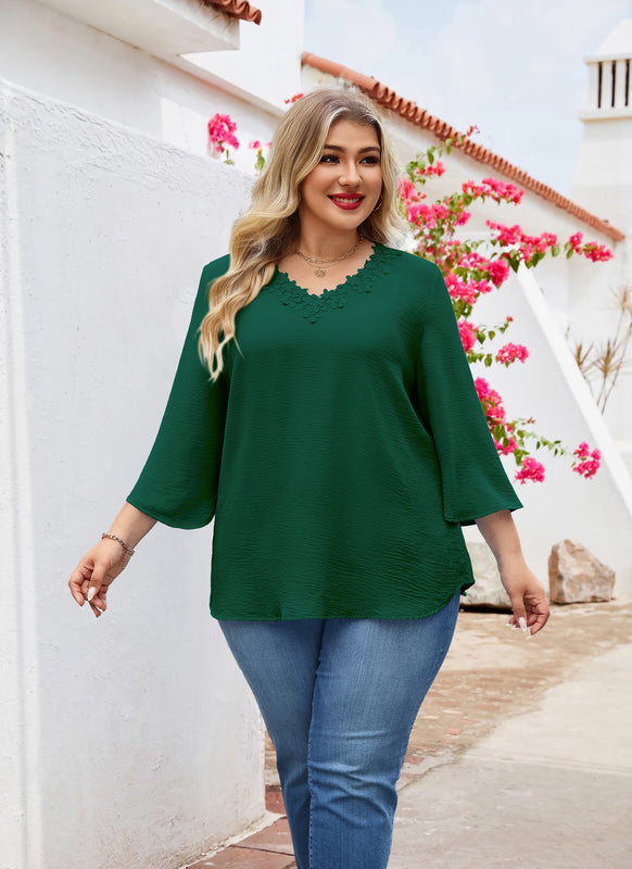Women's Plus Size Floral Trim Tunic Top | 3/4 Sleeve V-Neck Blouse – Green J3