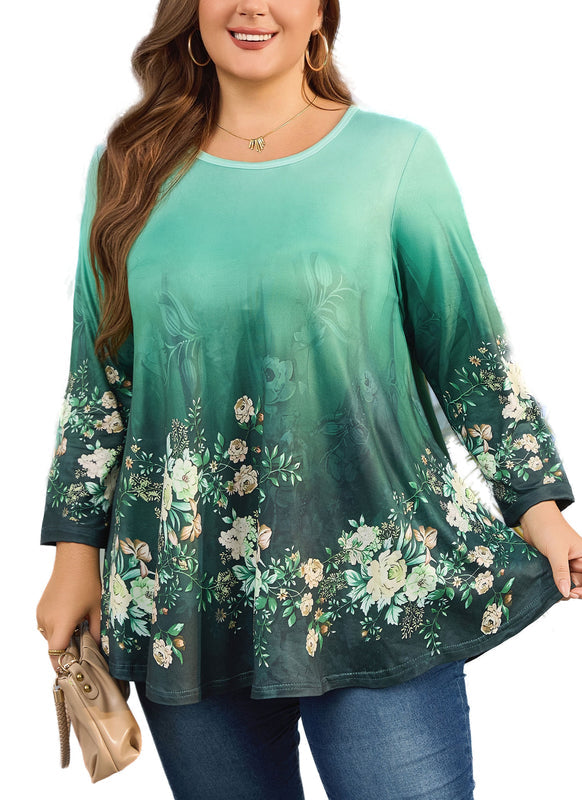 Women's Plus Size Green Floral Tunic Top – 3/4 Sleeve Swing Flare Blouse d5