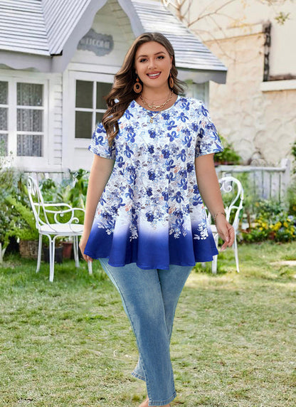 Women's Plus Size Floral Tunic Top – Short Sleeve, Flowy Swing Blouse to Wear with Leggings b30