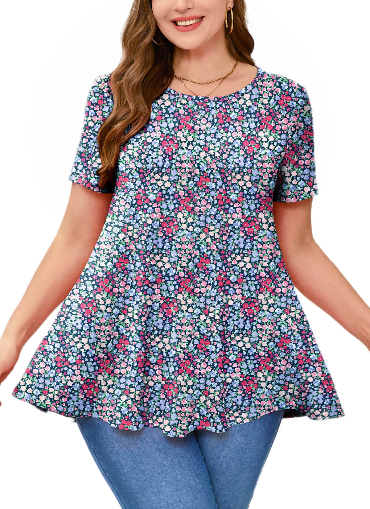 Women's Plus Size Ditsy Floral Tunic Top – Short Sleeve, Flowy Swing Blouse to Wear with Leggings b31