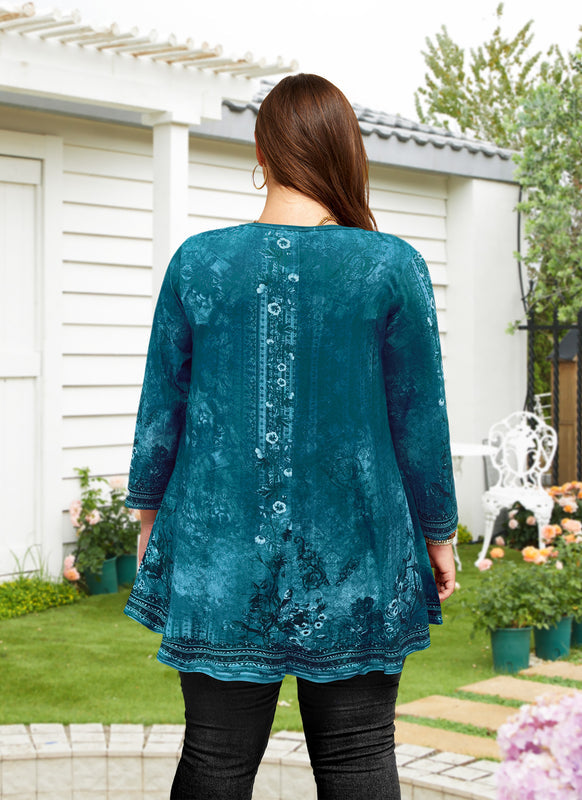 Women's Plus Size Teal Floral Tunic Top – 3/4 Sleeve Swing Flare Blouse d21