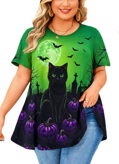 Women's Halloween Green Tunic Top – Witchy Print, Plus Size E29