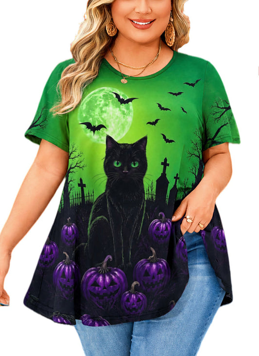 Women's Halloween Green Tunic Top – Witchy Print, Plus Size E29