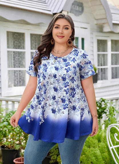 Women's Plus Size Floral Tunic Top – Short Sleeve, Flowy Swing Blouse to Wear with Leggings b30