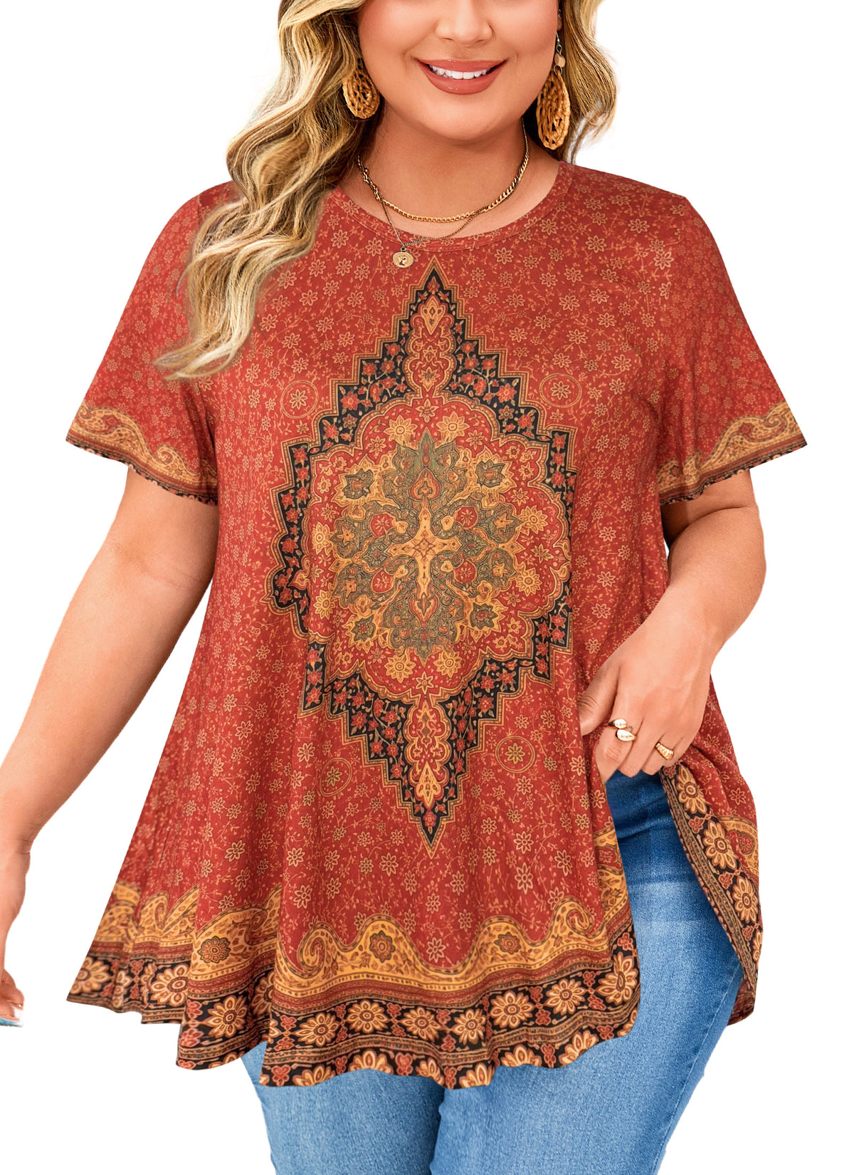Plus Size Rust Red Medallion Print Tunic Top