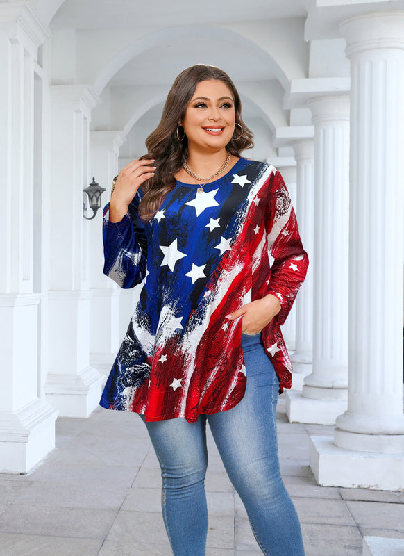 Women's Plus Size American Flag Tunic Top – 3/4 Sleeve Patriotic Swing Flare Blouse d17