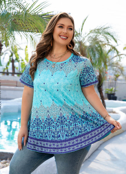 Women's Plus Size Paisley Tunic Top – Short Sleeve, Flowy Swing Blouse to Wear with Leggings b29