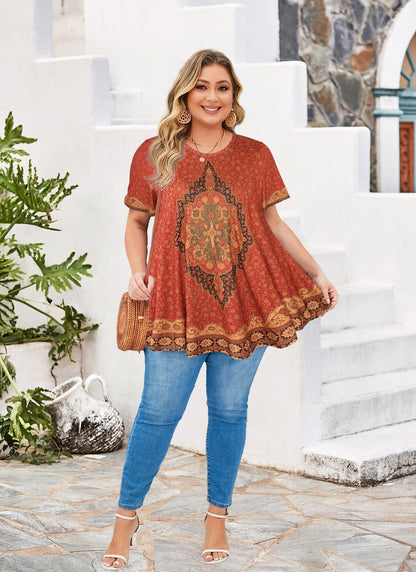 Plus Size Rust Red Medallion Print Tunic Top