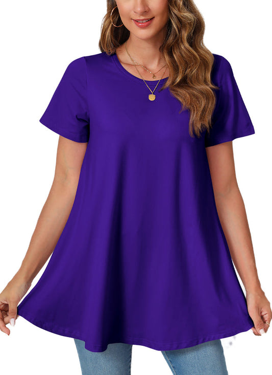 Deep Purple Short Sleeve Swing Tunic Top – Women's Plus Size Crew Neck Flowy Blouse to Wear with Leggings (S–7XL) b13