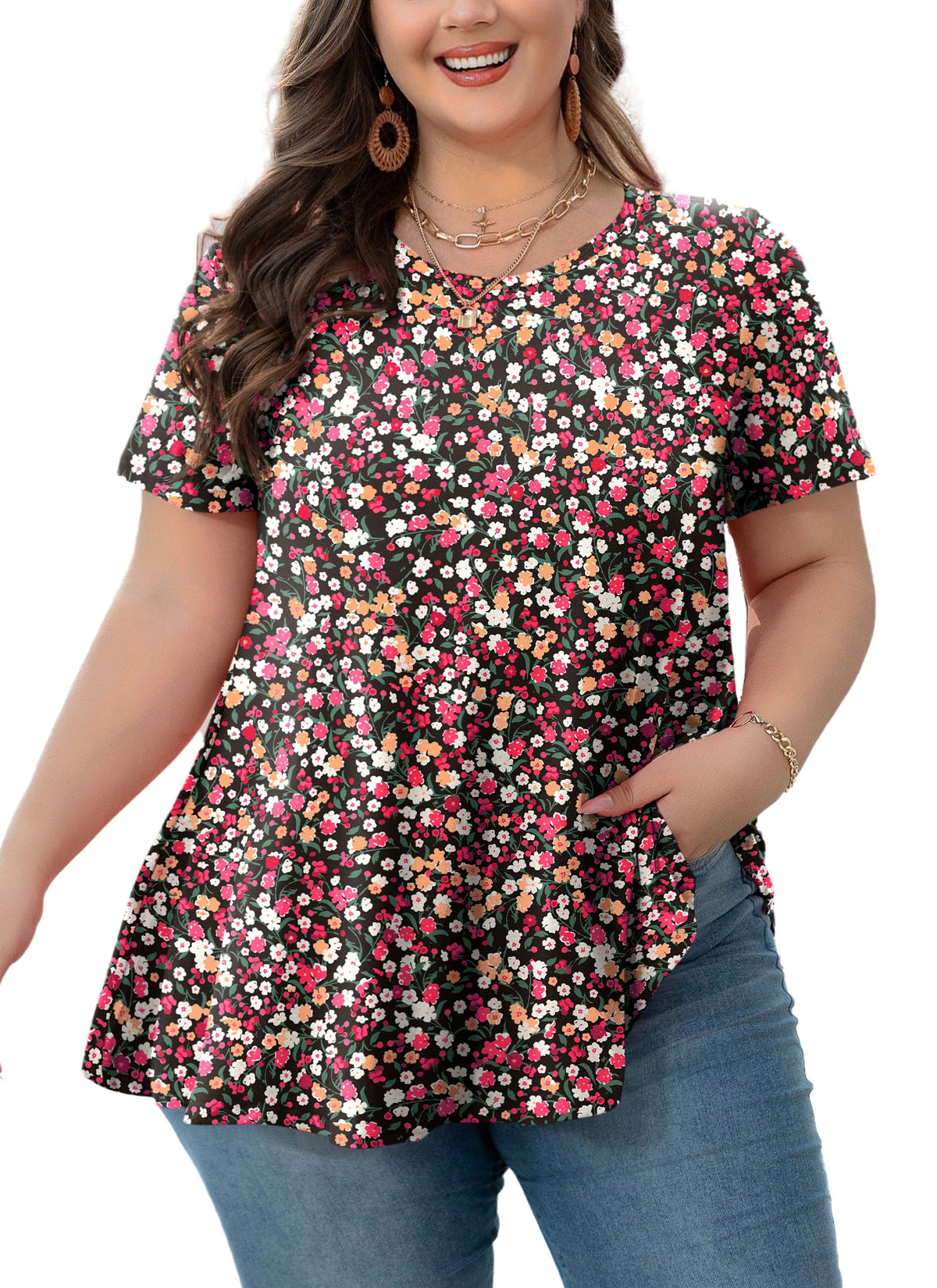 Women's Plus Size Pink Floral Tunic Top – Short Sleeve Casual Swing Blouse e5