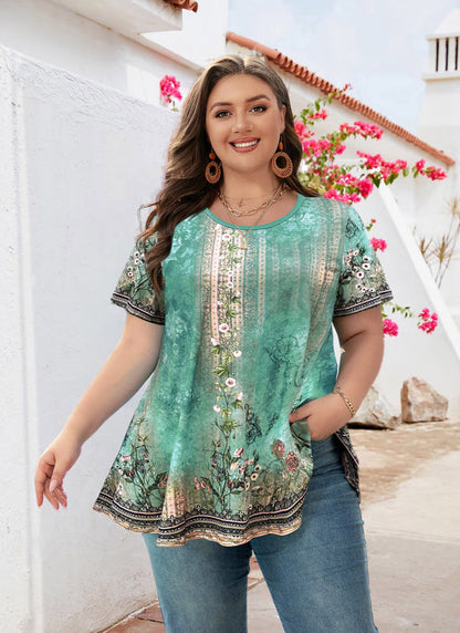 Women's Plus Size Floral Tunic Top – Short Sleeve, Flowy Swing Blouse to Wear with Leggings b28