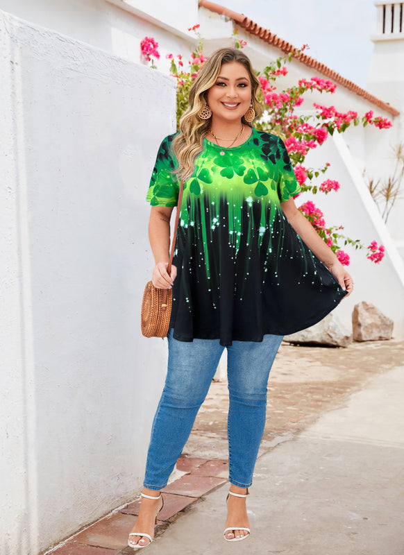 Women's Plus Size Green Leaf Print Tunic Top – Short Sleeve Swing Blouse e17
