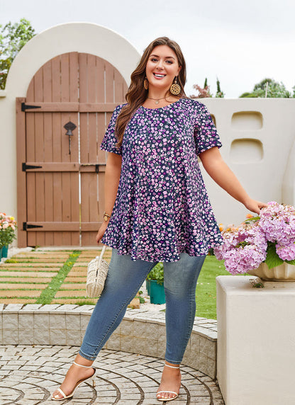 Women's Plus Size Navy Blue & Purple Tunic Top – Short Sleeve Swing Blouse e7