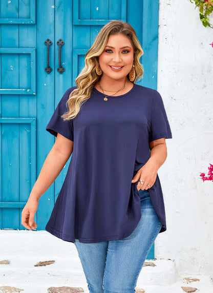 Women's Plus Size Navy Blue Tunic Top – Short Sleeve Solid Swing Blouse e13