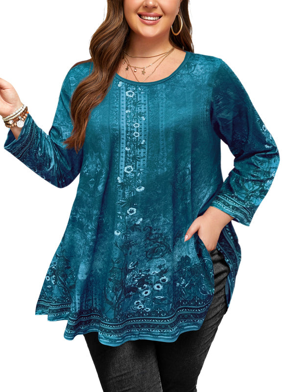 Women's Plus Size Teal Floral Tunic Top – 3/4 Sleeve Swing Flare Blouse d21